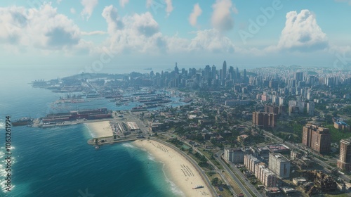 Expansive aerial shot of a coastal city with a busy port, sandy beaches, and a bustling downtown area with high-rise buildings. 4K hyperrealistic photo.