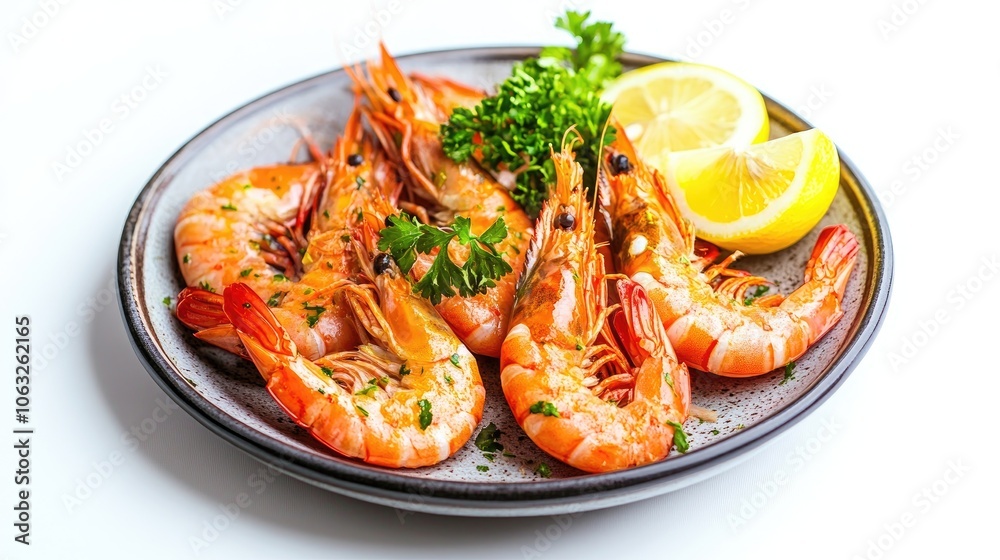 Cooked king prawns served on a dish with lemon isolated on a white background Cooked king prawns served on a dish with lemon isolated on a white background