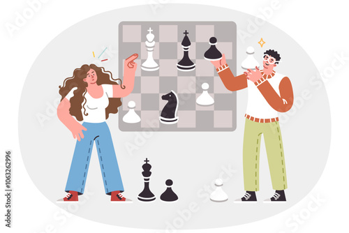 Chess game between man and woman symbolizes team strategic planning of business processes