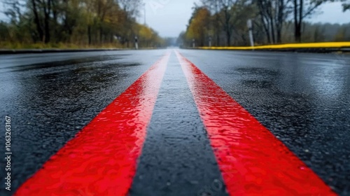 Double red lines on a wet asphalt road indicate no stopping at any time often used as an alternative to yellow lines photo