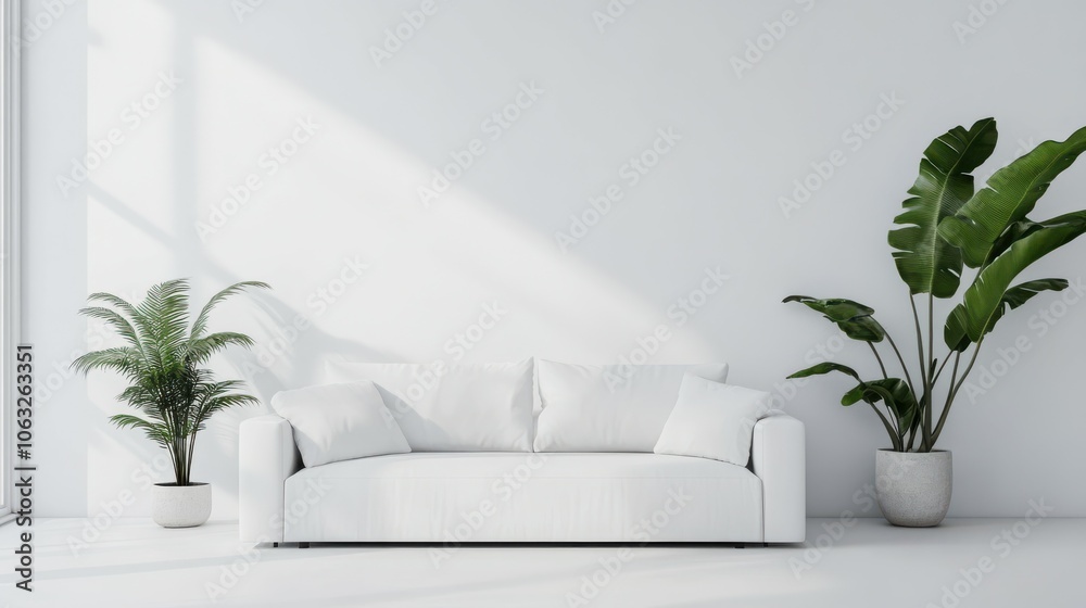 Modern white interior with sofa and empty white wall background Modern white interior with sofa and empty white wall background