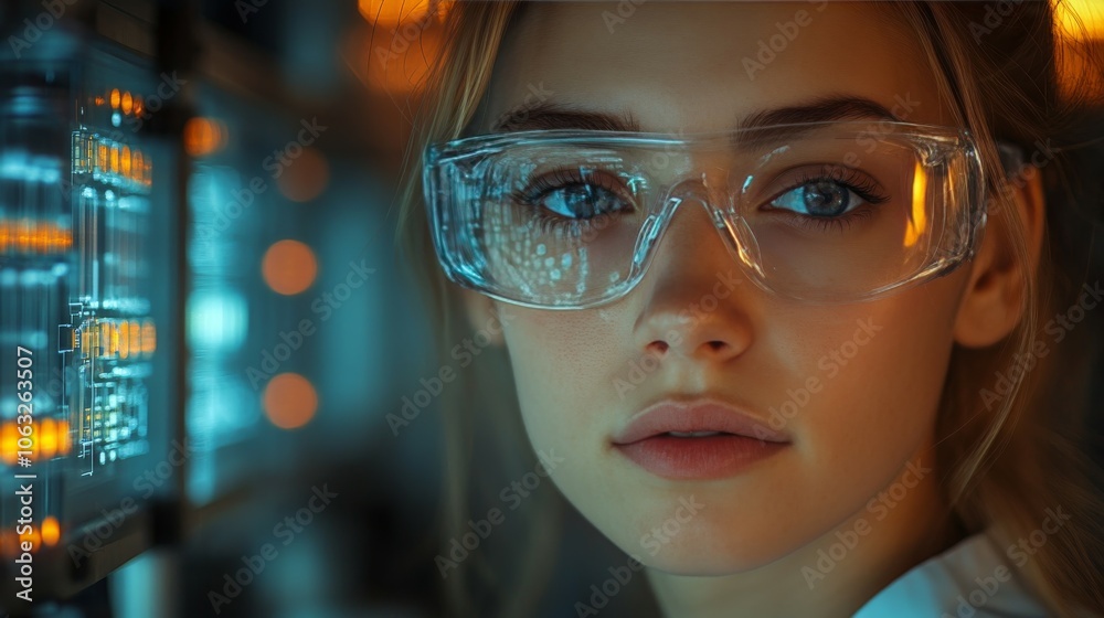 Female engineer using artificial intelligence to design micro electronics in the lab Female engineer using artificial intelligence to design micro electronics in the lab