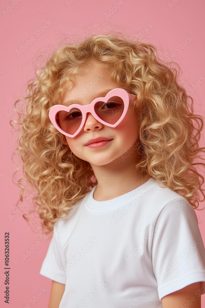 cute happy curly blonde child girl wearing mock-up blank white t-shirt , wearing heart-shaped pink sunglasses on an isolated pastel pink background, in the concept of love for Valentine's Day celebrat