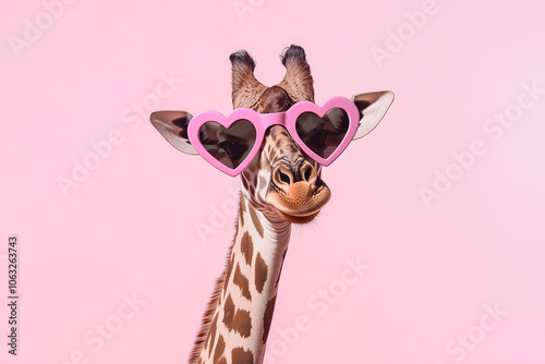 giraffe wearing heart-shaped pink sunglasses on an isolated pastel pink background, a funny animal in the concept of love for Valentine's Day celebration or a Valentine's party decoration idea