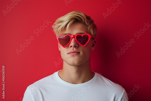 handsome blonde man wearing mock-up blank white t-shirt , wearing heart-shaped red sunglasses on an isolated red background, a funny animal in the concept of love for Valentine's Day celebration 