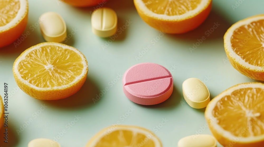 Colorful citrus fruits and a pink pill on a soft green background Healthy living concept showcasing supplements vitamin C and antioxidants in a minimal flat lay design Colorful citrus fruits and a pink pill on a soft green background Healthy living concept showcasing supplements vitamin C and antioxidants in a minimal flat lay design