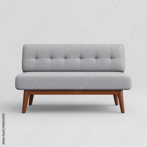 A modern gray upholstered loveseat with wooden legs, ideal for small spaces.