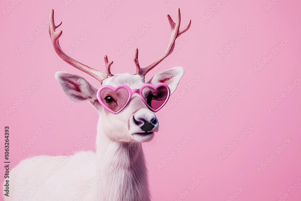 Obraz premium reindeer wearing heart-shaped pink sunglasses on an isolated pastel pink background, a funny animal in the concept of love for Valentine's Day celebration or a Valentine's party decoration idea