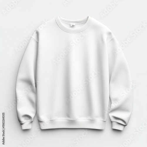 white sweatshirt, no background, flat lay, front view, Light white solid color background, simple and clean, simple flat style, simple lines, no shadows, minimalist, ,generative ai