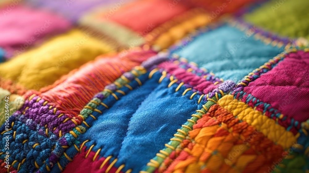 Close up of a vibrant patchwork fabric featuring an array of colorful squares stitched together with prominent seams Close up of a vibrant patchwork fabric featuring an array of colorful squares stitched together with prominent seams