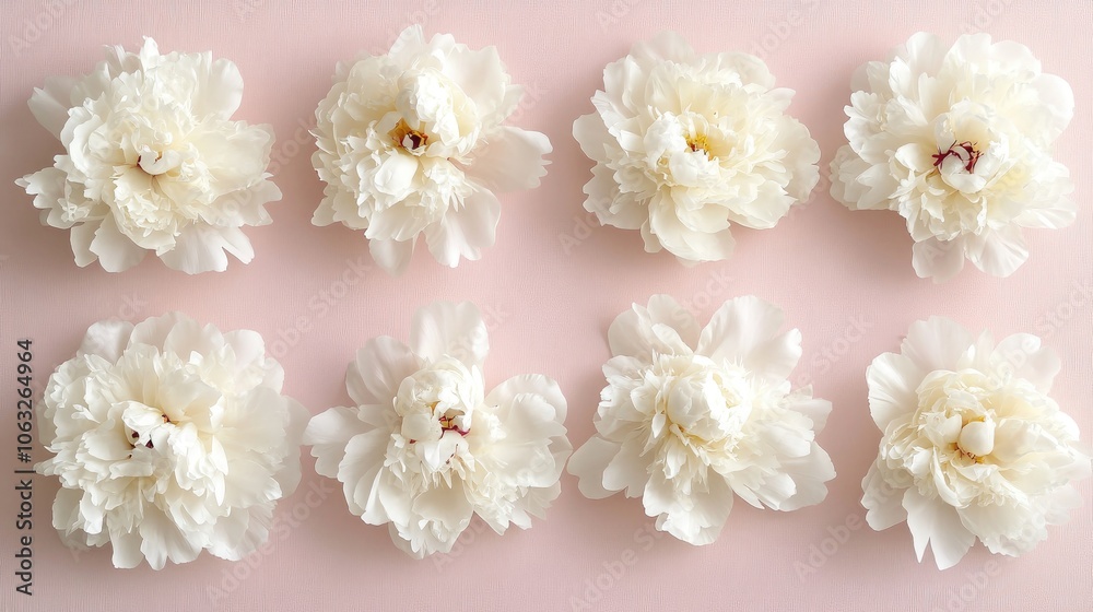 Delicate white peony blooms arranged on a soft pink surface in a flat lay composition Delicate white peony blooms arranged on a soft pink surface in a flat lay composition