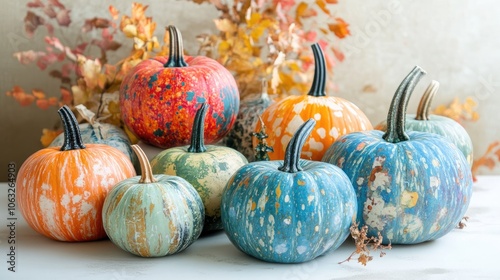 Colorful painted pumpkins arranged on a white table ideal for seasonal decorations or creative displays with ample space for text photo