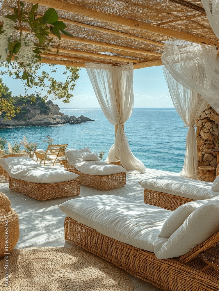 Obraz premium A coastal beach area design. white paint wooden lodges surrounded by white curtains.