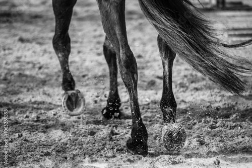 Mouvement de trot d'un cheval lors d'un concours de dressage.