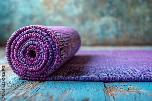 Rolled purple yoga mat on wooden floor photo