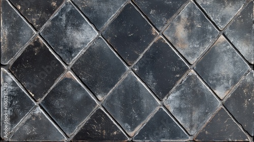 Dark vintage geometric motif featuring a textured background of cement tiles with a diamond shaped rhombus mesh design