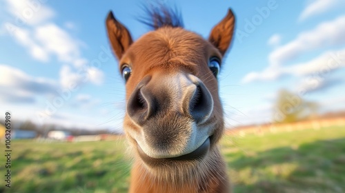 Close up of a foal s amusing muzzle in a wide angle portrait photo