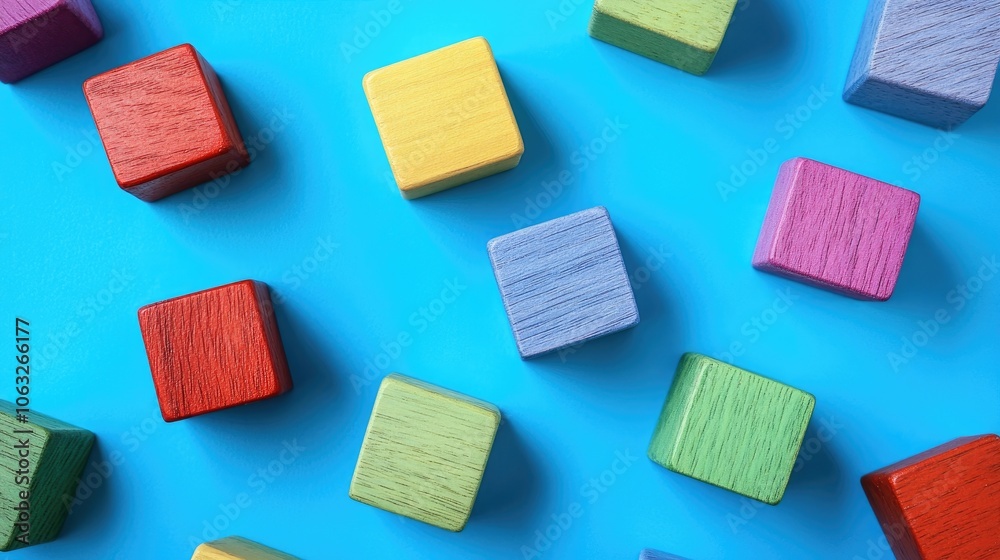 Colorful wooden blocks arranged against a vibrant blue background