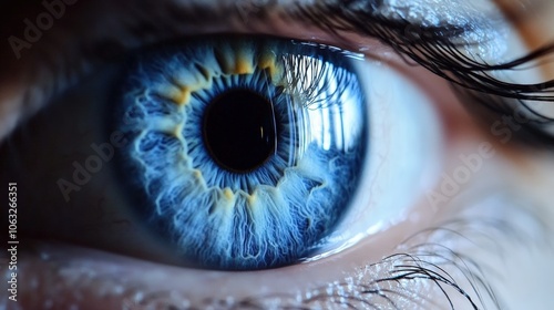 Close-Up of a Vibrant Blue Eye with Detailed Iris and Eyelashes 