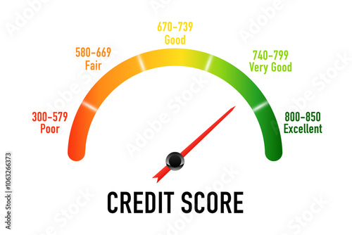 Credit score ranges icon. Credit score narrow gauge speedometer indicator with color levels. Indicator Arrow from Low to High Financial Health. Financial capacity assessment. Vector illustration