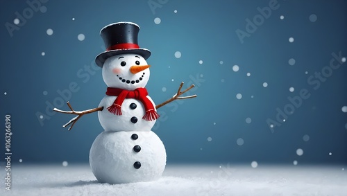 Snowman with hat and red scarf, christmas wallpaper, winter and holiday banner, empty space for text