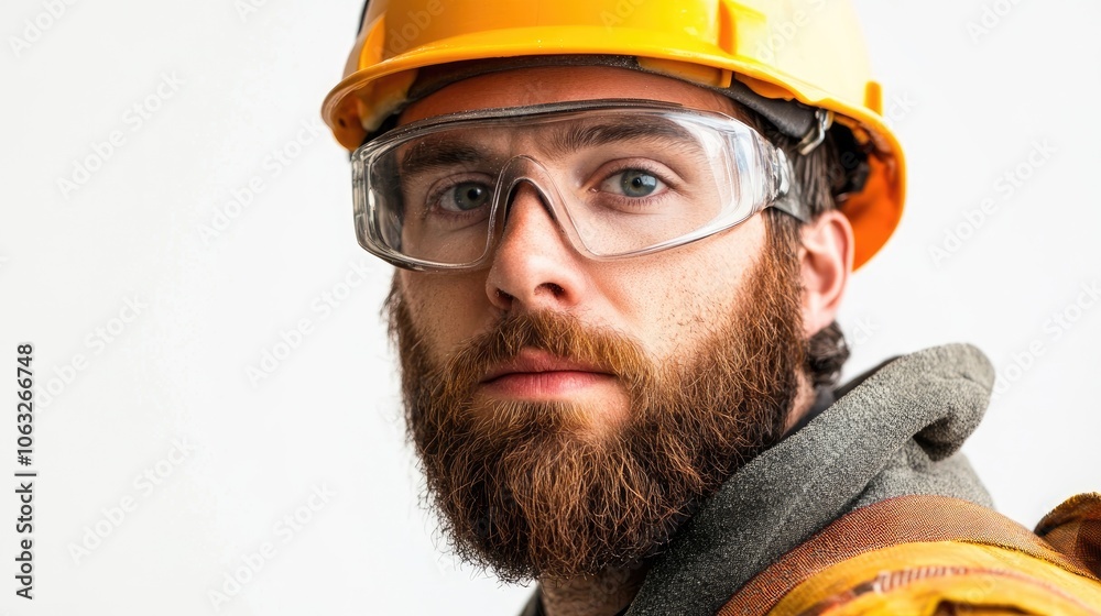 Construction worker gazing at the camera set against a white background Construction worker gazing at the camera set against a white background