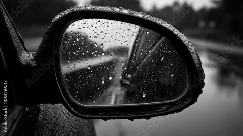 Close up of a car s side rearview mirror covered in raindrops