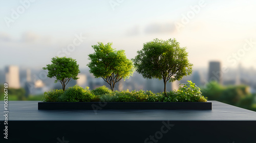 Urban gardening on rooftop with city skyline in background, promoting sustainability and green living photo