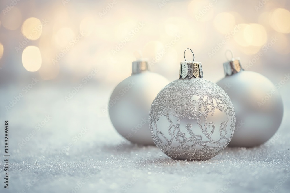 Three white ornaments sit atop snow-covered ground, perfect for winter or holiday scenes Three white ornaments sit atop snow-covered ground, perfect for winter or holiday scenes