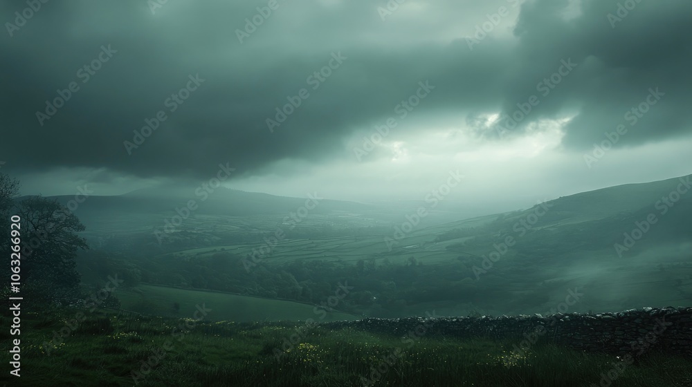 Dark clouds loom over an expansive valley in the distance