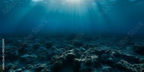 Fototapeta Naklejka Na Ścianę i Meble -  Dramatic underwater scene of a dead coral reef illuminated by sunbeams, showcasing environmental damage and climate change on the ocean floor