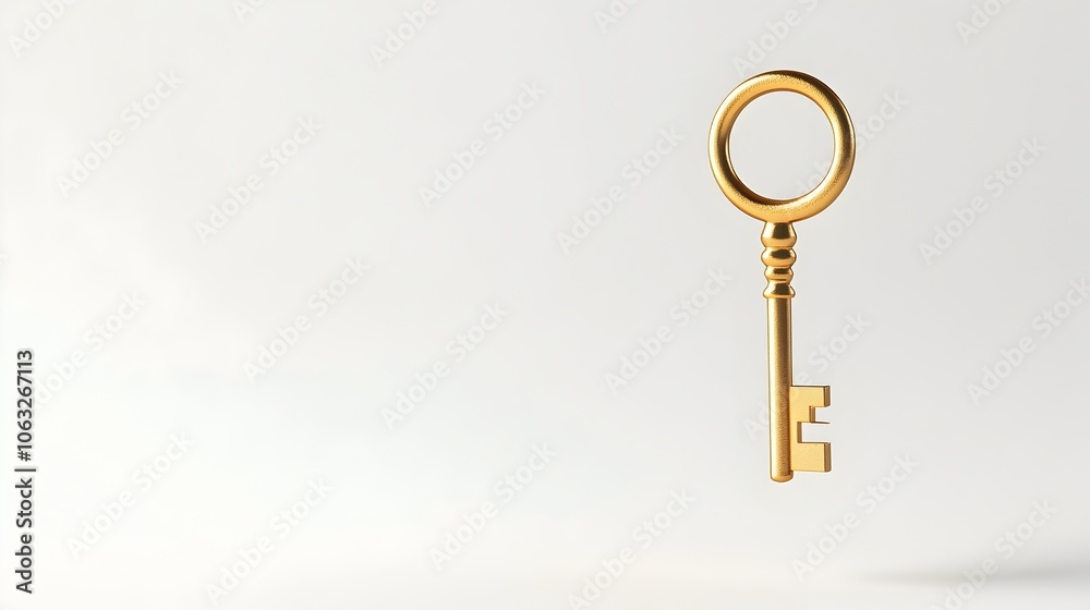 Golden Key Floating in Mid air on Minimalist White Background Symbolizing Opportunity and Potential Golden Key Floating in Mid air on Minimalist White Background Symbolizing Opportunity and Potential