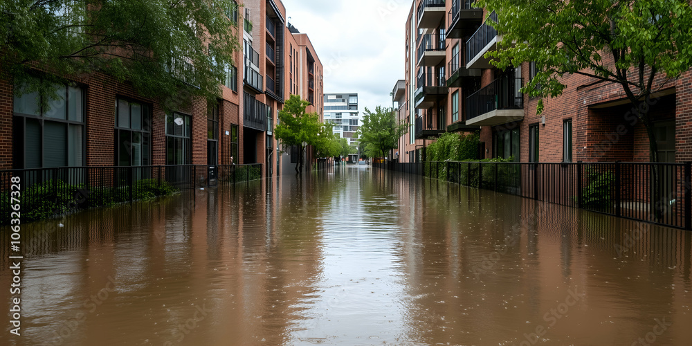 Urban flooding scene with muddy water flooding city street between modern brick buildings after heavy rain, reflecting the cloudy sky Urban flooding scene with muddy water flooding city street between modern brick buildings after heavy rain, reflecting the cloudy sky
