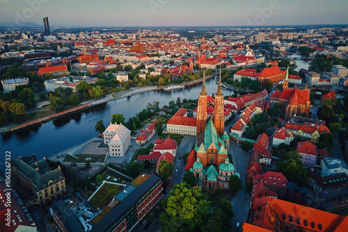 Aerial view of Wroclaw old town with the Cathedral of st. John the Baptist and colorful buildings over Odra river. Tumski island - famous place for tourist visit in Poland