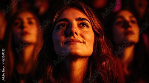 Close up portrait of a female activist among a group of women at a rally advocating for women s rights photo