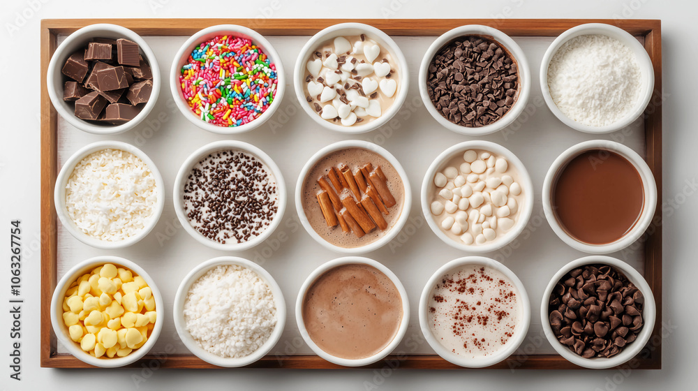 Assortment of dessert toppings in small bowls, including chocolate, sprinkles, marshmallows, and coconut, arranged on a wooden tray for creative culinary decoration. Assortment of dessert toppings in small bowls, including chocolate, sprinkles, marshmallows, and coconut, arranged on a wooden tray for creative culinary decoration.