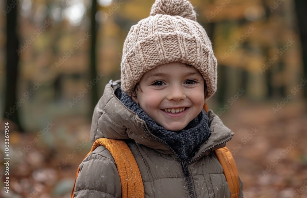 Smiling boy in autumn forest wearing a cozy hat and jacket Generative AI Smiling boy in autumn forest wearing a cozy hat and jacket Generative AI
