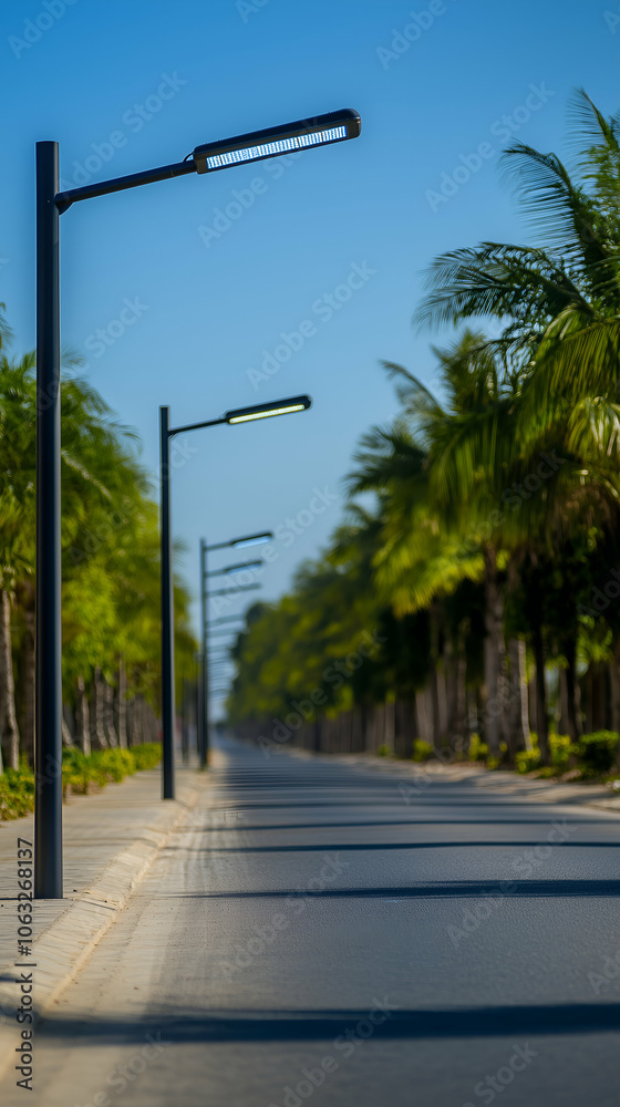 Naklejka premium Contemporary solar streetlights illuminate a palm lined urban road, creating a sustainable and picturesque cityscape against a sunny blue sky