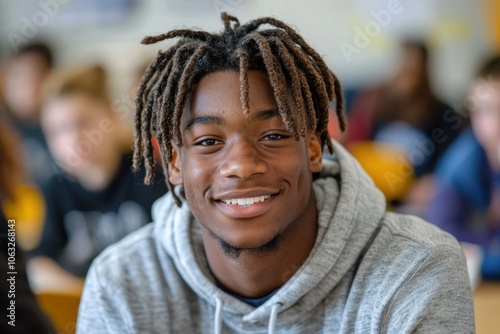 Smiling young man with dreadlocks in a classroom setting Generative AI