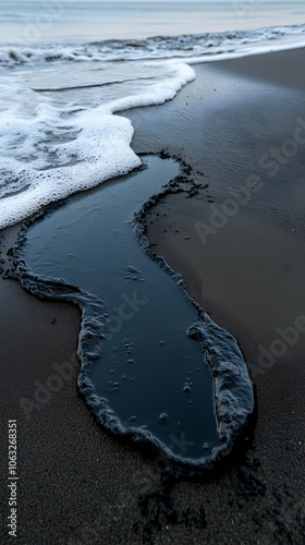 Thick, black oil spills onto sandy beach, contrasting with white waves and highlighting environmental damage photo