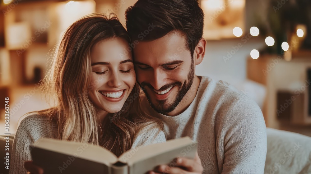 Photo of happy young couple read book hugging move new place enjoy live together have fun new apartment room light house flat indoor Photo of happy young couple read book hugging move new place enjoy live together have fun new apartment room light house flat indoor