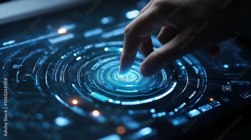 Person pushing a futuristic button on computer Person pushing a futuristic button on computer