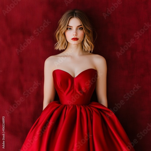 A woman in a red strapless gown poses against a matching background.