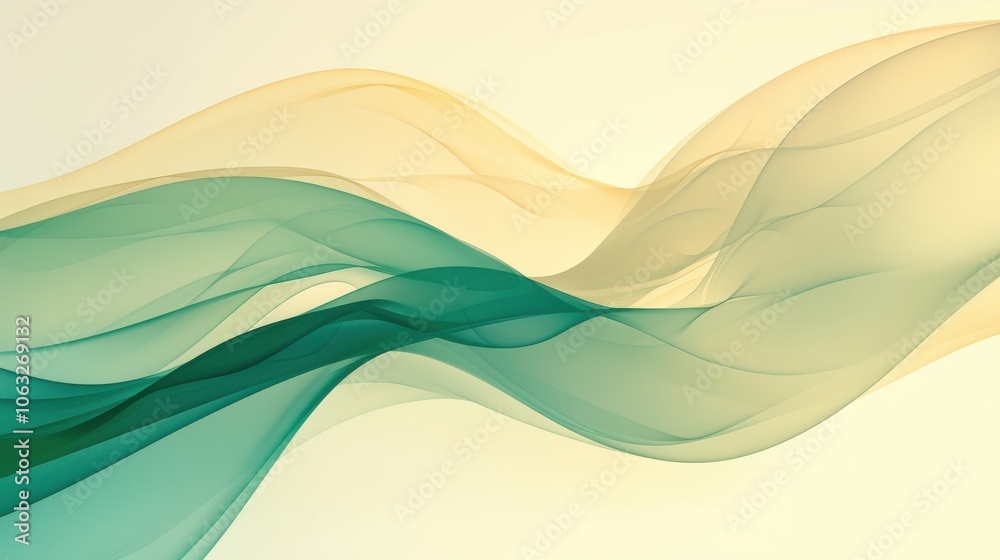 Fototapeta premium Soft, flowing abstract waves in shades of green and gold create a tranquil and harmonious background.