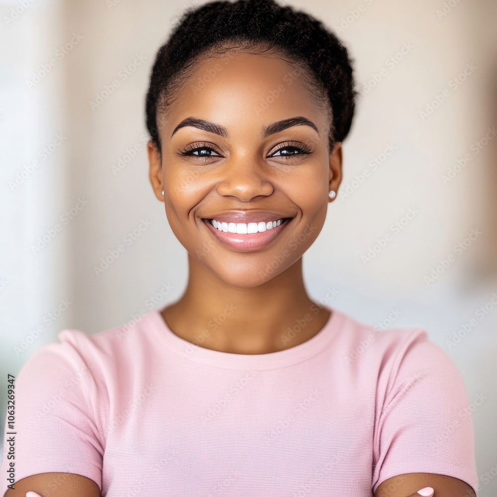 A smiling woman with natural hair, dressed in a pink top, exuding confidence. A smiling woman with natural hair, dressed in a pink top, exuding confidence.