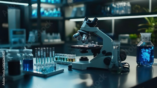 A laboratory scene featuring a microscope and various glassware filled with colorful liquids.