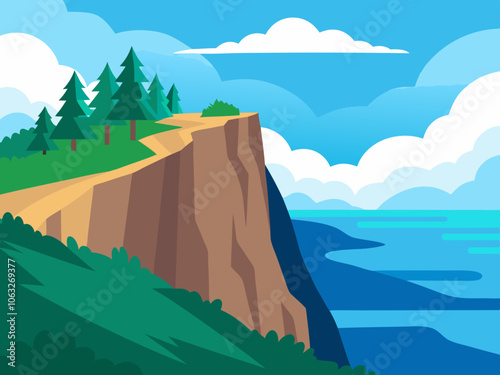 Nature Cliff and Ocean Landscape Vector.