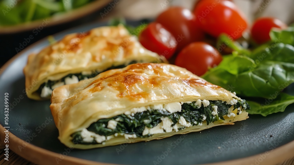 A spinach and feta cheese pastry served with a side salad. A spinach and feta cheese pastry served with a side salad.