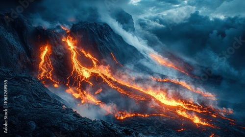 Molten lava flows down the side of a volcano, creating a dramatic scene of fire and smoke.