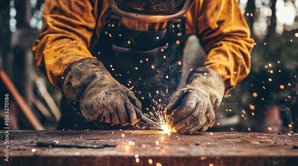 Male welder at work, welding metal close-up. Welding machine. Construction, industry. Connection of metal structures Male welder at work, welding metal close-up. Welding machine. Construction, industry. Connection of metal structures